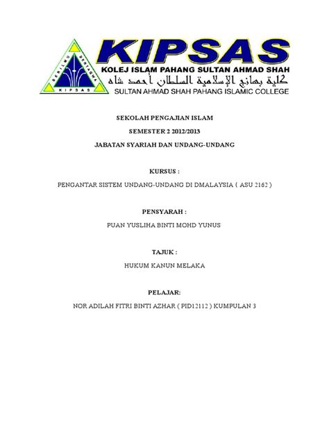 Text of laws in roman and jawi script. Pengantar Undang-undang Di Malaysia(Hukum Kanun Melaka)