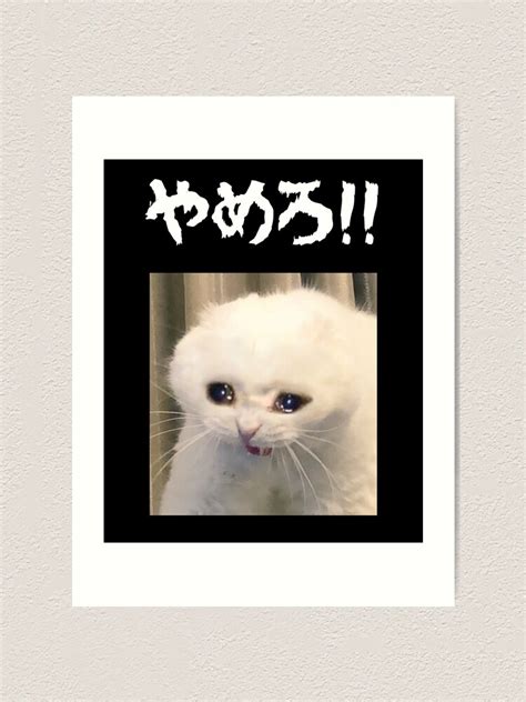 Yamero Crying White Cat Meme Japanese Hiragana Text Art Print For