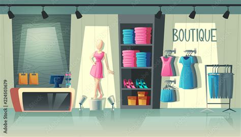 Vector Clothing Shop Interior Wardrobe With Woman Clothes Cartoon