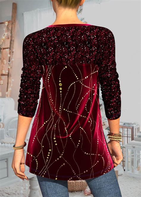 Sequin Velvet Stitching Wine Red Decorative Button T Shirt Modlily