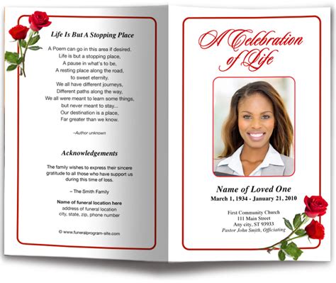Diy Red Roses Funeral Program Template
