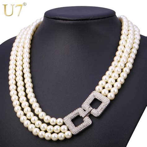 U7 White Pearl Necklace Multi Layers Luxury Simulated Pearl Wedding