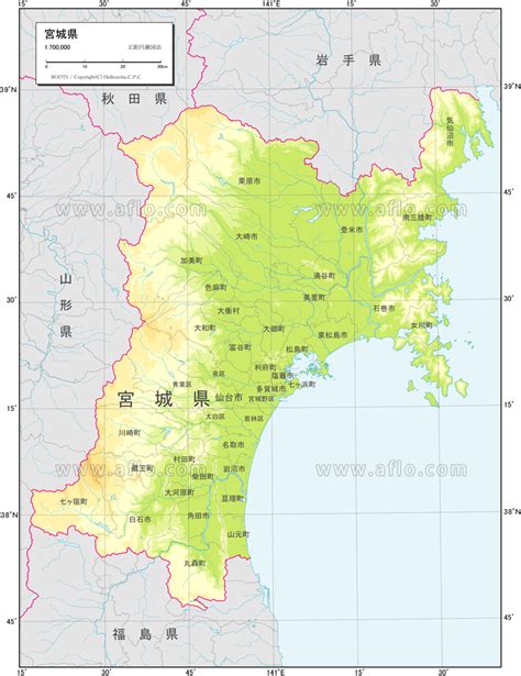 Miyagi prefecture has a population of 2,305,596 (1 june 2019) and has a geographic area of 7,282 km2 (2,812 sq mi). 地図素材:宮城県 地勢図 83028 | ベクトル地図素材 加工編集 ...