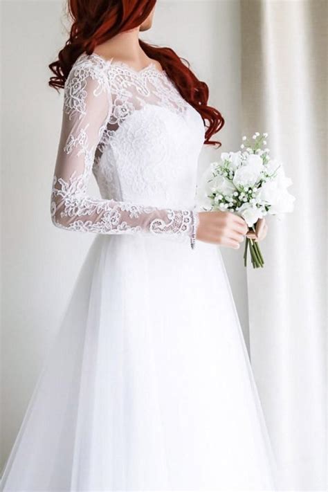 Cheap Simple A Line Long Sleeves White Tulle Lace Top Long Wedding
