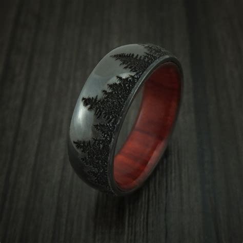 Black Zirconium Ring with Tree Design and Hardwood Sleeve Custom Made