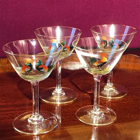 Four Cock Fighting Late 19th Century Wine Glasses Antique Glass