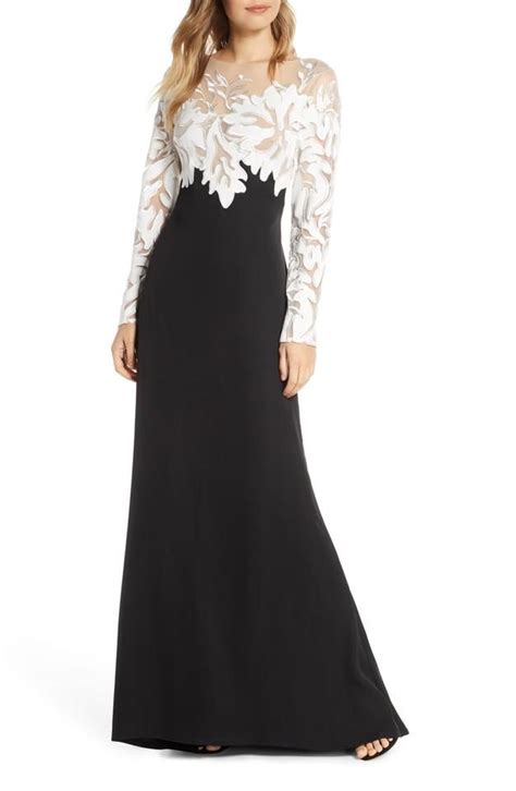 Tadashi Shoji Blackwhite Embroidered Sleeve Crepe Gown Long Formal