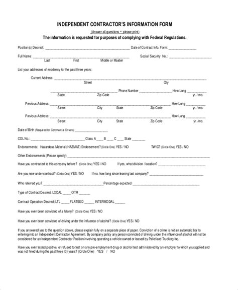 One Page Printable Independent Contractor Form Printable Forms Free