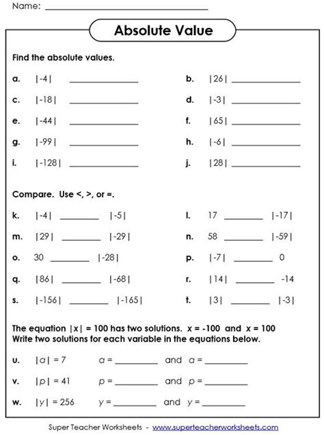 Ratio Integers Absolute Value Negative Positive Numbers Worksheets