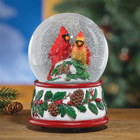 Musical Cardinal Snow Globe With Hand Painted Details Wind Up Key