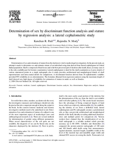 Pdf Determination Of Sex By Discriminant Function Analysis And Stature By Regression Analysis