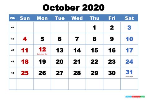 Free Printable October 2020 Calendar With Holidays