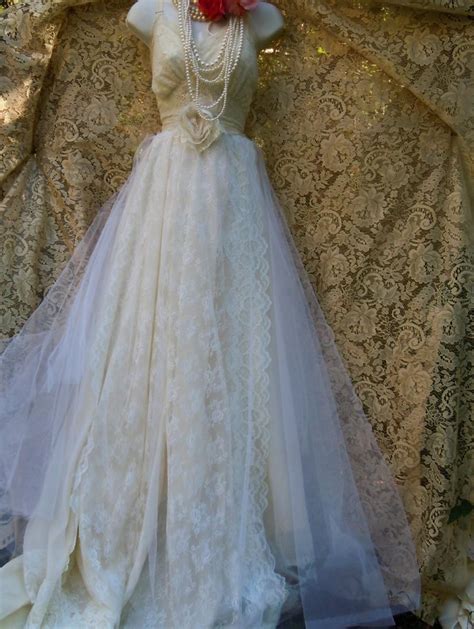 Ivory Wedding Dress Beaded Tiered Antique Lace Tulle Fairytale