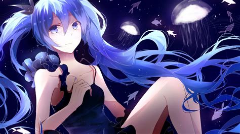 Papel De Parede Ilustração Cabelo Longo Anime Meninas Anime Olhos Azuis Azul Vocaloid