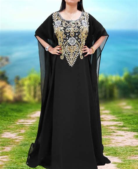 black chiffon dubai kaftan with gold embellished beaded round neck abaya dress african