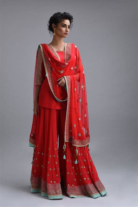 Red Embroidered Sharara Set Red Embroidered Dress Indian Designer Outfits Indian Designer Wear