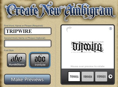 Free 50 inspiring text ideas ($1.99 value). from tripwire magazine dot com an article on 50 Ambigram ...