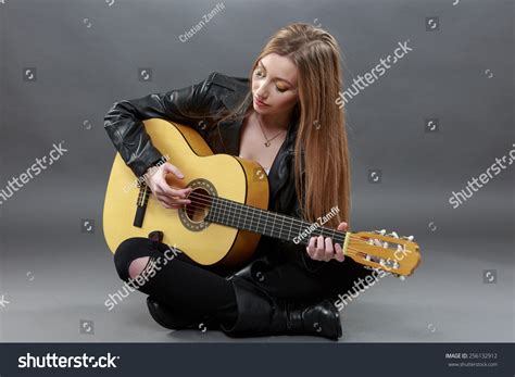 Beautiful Young Blonde Classical Guitar Stock Photo 256132912