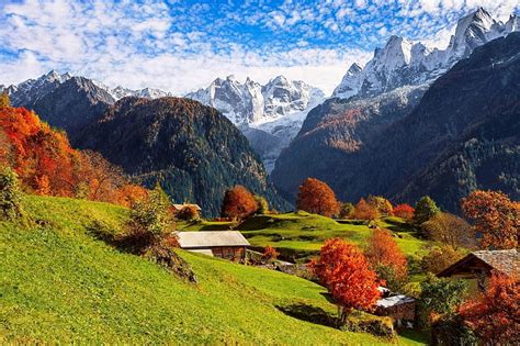 Autumn In The Swiss Alps Forest Houses Morning View Bonito Trees