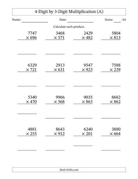 Multiply 3 And 4 Digit Numbers With Regrouping Worksheets