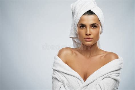 Woman In Bathrobe And Towel Holding Cup Stock Image Image Of