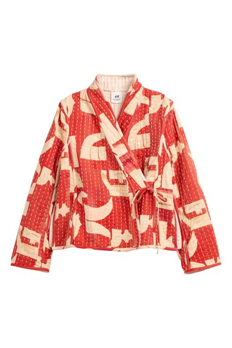 Cotton Kimono Jacket Redbeige Ladies Handm