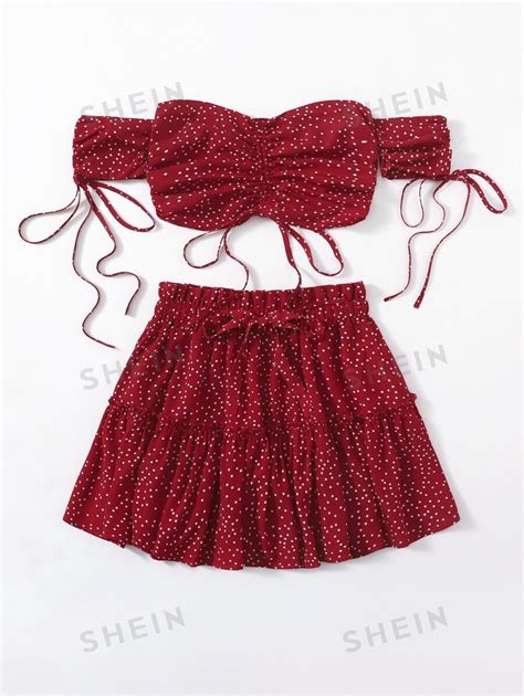 Shein Wywh Off Shoulder Drawstring Knot Ruched Shirred Back Polka Dot Top And Skirt Set Shein Usa