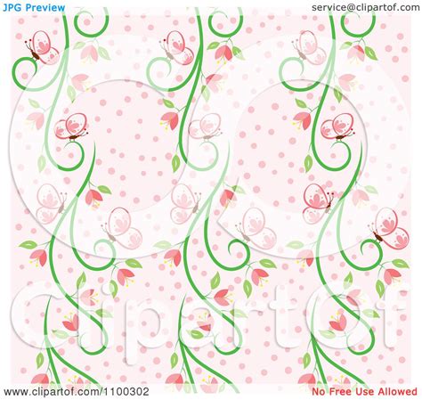 Clipart Seamless Pink And Green Butterfly And Vine Floral Background