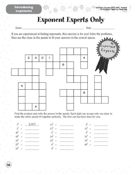 Meets national standards for 6th grade. Exponent Experts Only Worksheet for 6th - 8th Grade ...