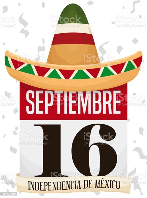 mexican hat over calendar and confetti celebrating mexicos independence day stock illustration
