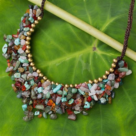 Multicolor Gemstone Chip Necklace With Brass Accents Festive Party
