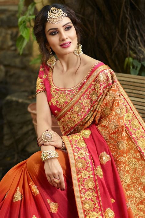 Silk Redandorange Saree Heavy Embroidery Zari Thread And Coding Work With Embroidery Blouse