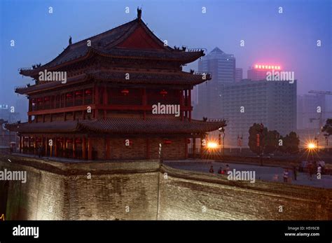 Low Angle View Of Ancient Xian City Wall Gate Tower Hi Res Stock