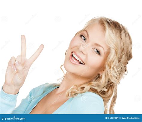 Young Woman Showing Victory Or Peace Sign Stock Image Image Of