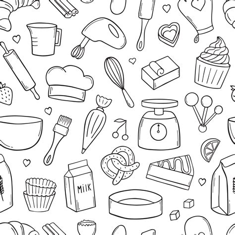 Seamless Pattern Of Baking Doodle Cooking Elements Mixer Butter