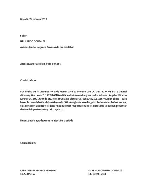Carta Autorizacion Ingreso Pdf