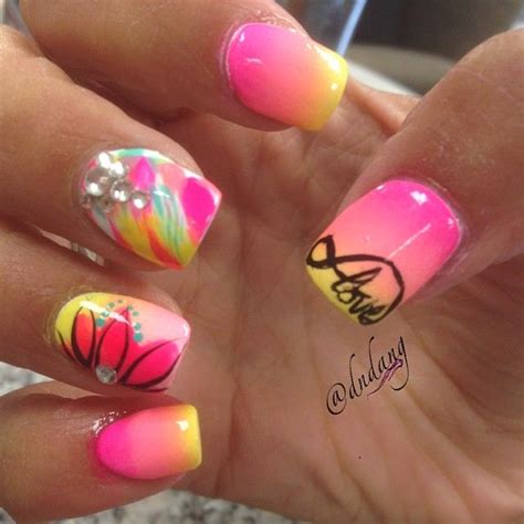 See more ideas about nail designs, nail art designs, nail art. Neon Pink + Yellow Gradient Nails With Rhinestones, Coral ...
