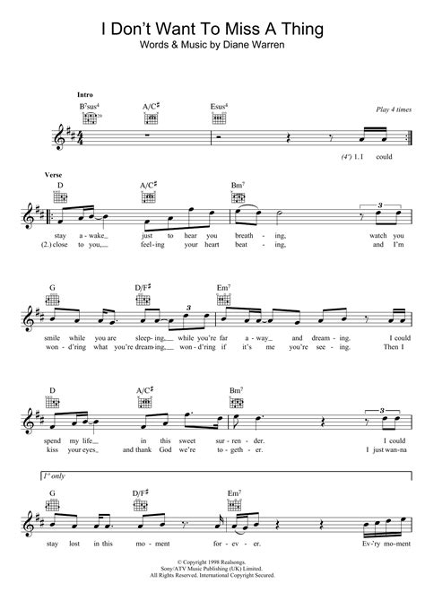 chorus d a em i don't want to close my eyes. I Don't Want To Miss A Thing Sheet Music | Aerosmith ...