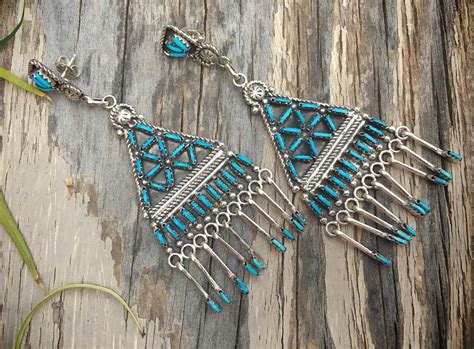 Vintage Zuni Earrings Needlepoint Turquoise Chandelier Earrings Native