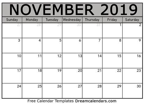 November 2019 Calendar Free Blank Printable Templates