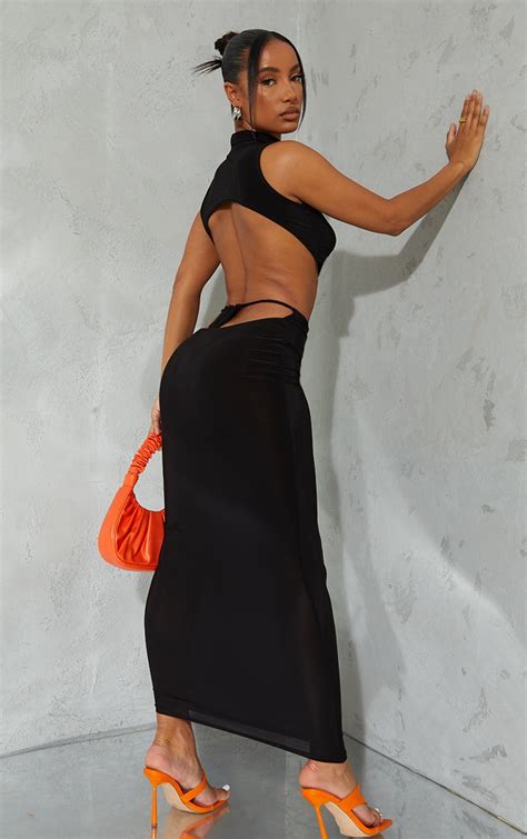 Black Slinky Thong Bum Detail Midaxi Skirt Prettylittlething Usa