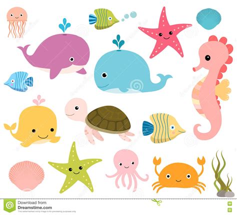 Cute Underwater Sea Animals Set Stock Vector