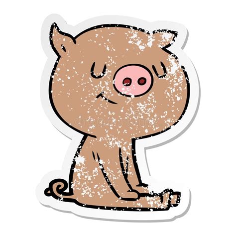 A Creative Distressed Sticker Of A Happy Cartoon Pig Sitting Stock