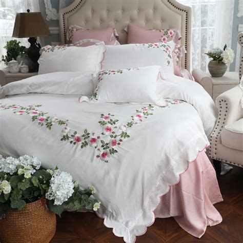 Luxury White Pink Rose Flowers Embroidery Tencel Silk Girl Bedding Set