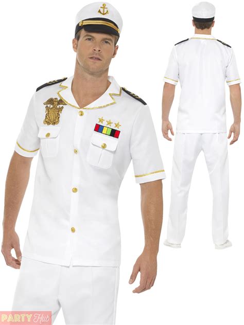 Mens Sailor Captain Costume Adults Navy Officer Fancy Dress Uniform 80s