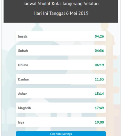 Dapatkan sumber terpercaya dari azan dan waktu shalat di makkah dengan jadwal shalat. Jadwal Sholat Kota Tangsel, Hari Ini Tanggal 6 Mei 2019 ...