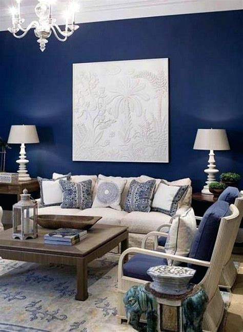 Navy Blue Decor Blue Accent Wall With Cream Fabric And Dark Wood For