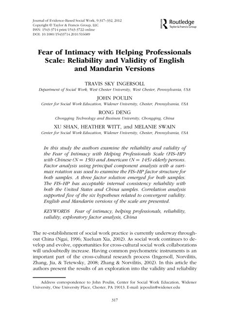 Pdf Fear Of Intimacy With Helping Professionals Scale Reliability