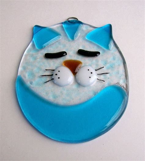 Fused Glass Suncatcher Fat Cat Turquoise
