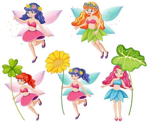 Set Of Cute Fairies Holding A Flowers 1268900 Vector Art At Vecteezy